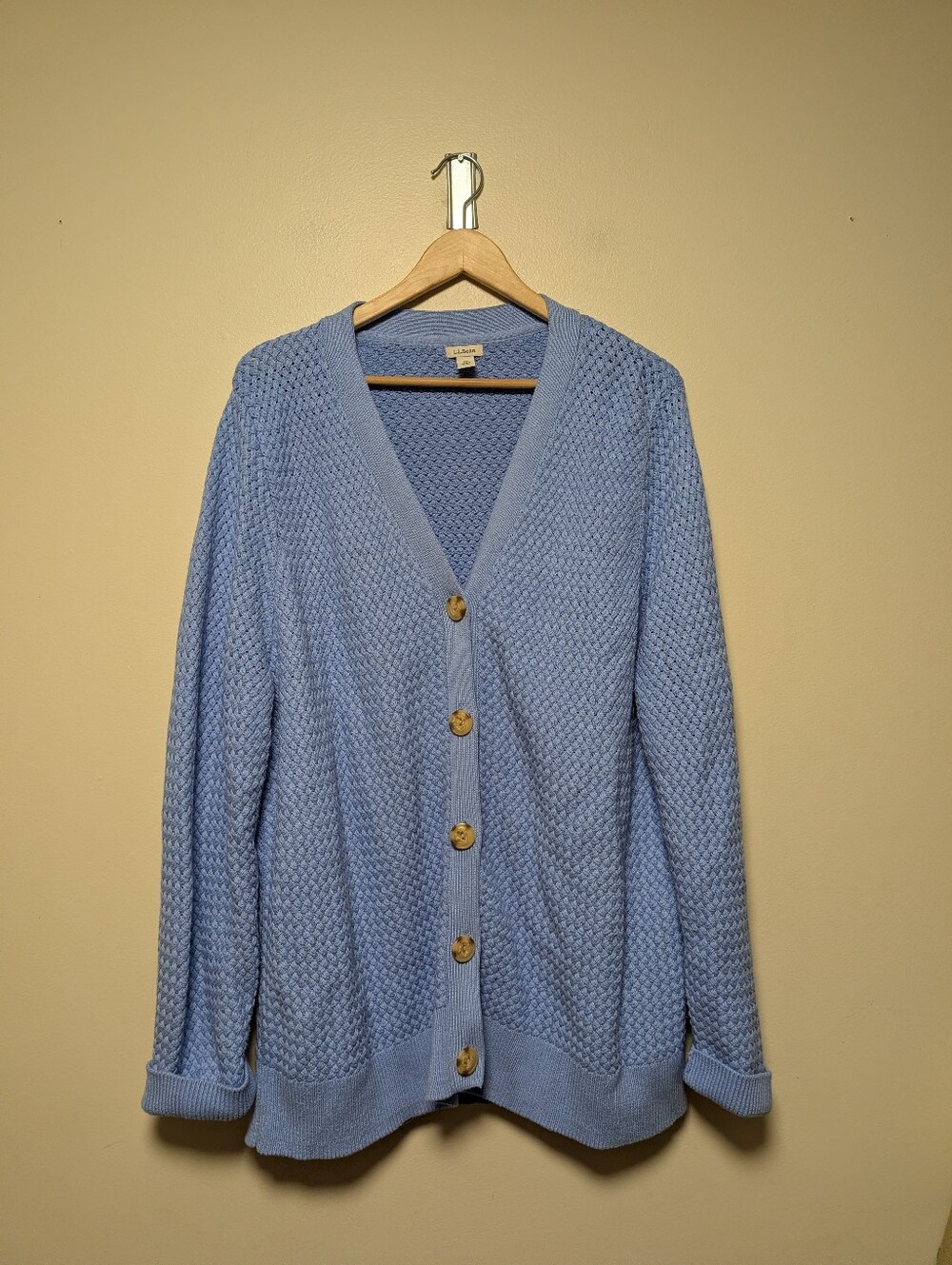 L.L.Bean 3X Plus Blue 100% Cotton Textured Knit Button Cardigan Sweater